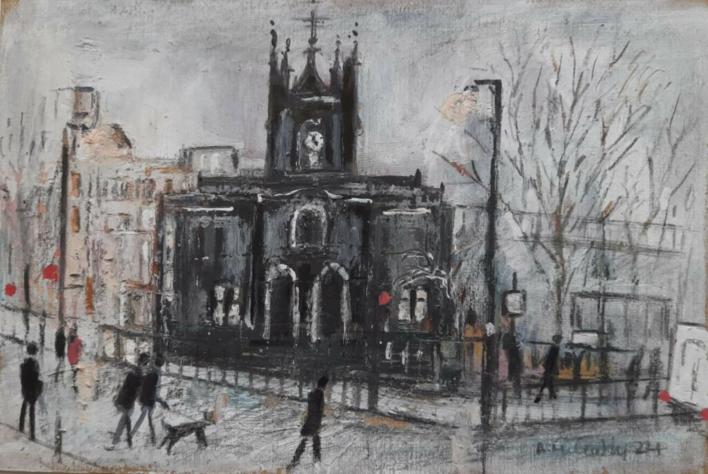 A painting of a large church. People and dogs walk in the street in front of it.