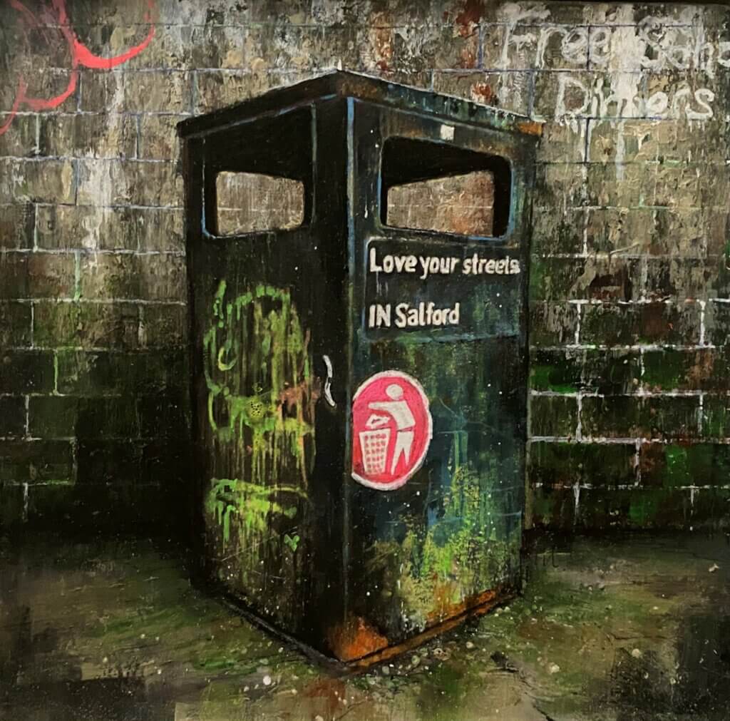 A painting of a bin in front of a brick wall, both covered in dirt and graffiti. The bin has a sticker on it that says 'Love your streets IN Salford'.