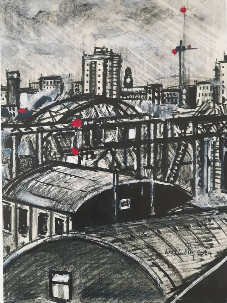 A black and white painting of an industrial cityscape with occasional spots of red colour.