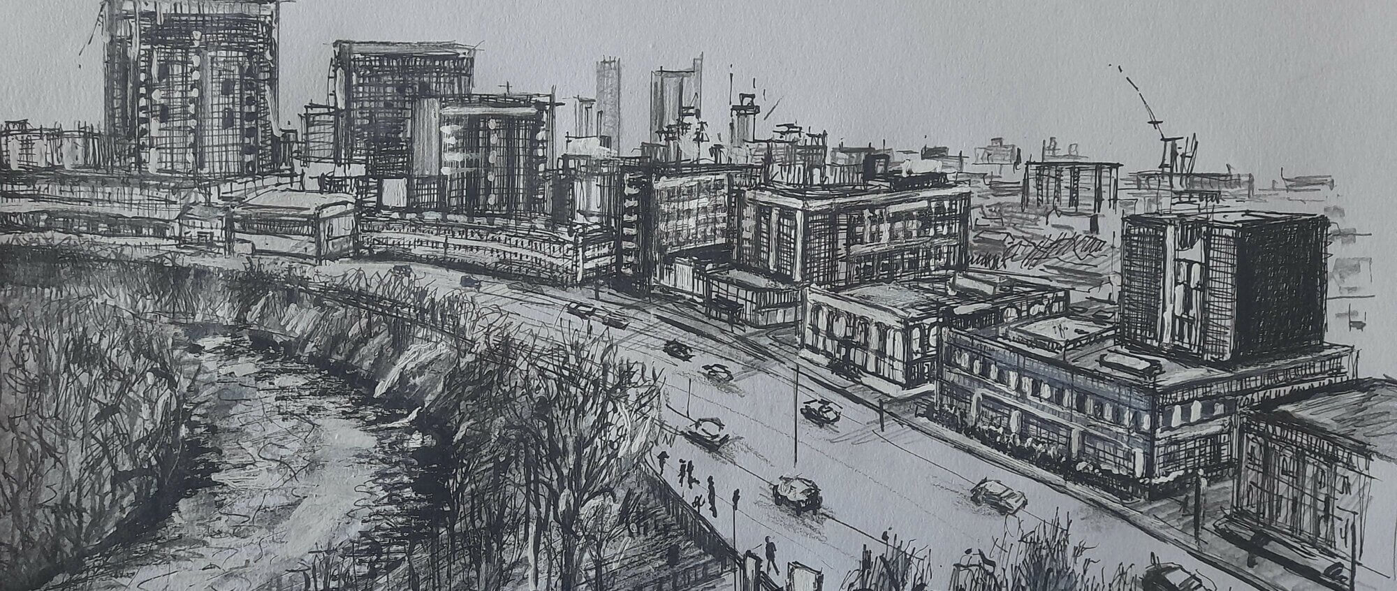 A drawing of a cityscape with cars driving on a large road beside a river.