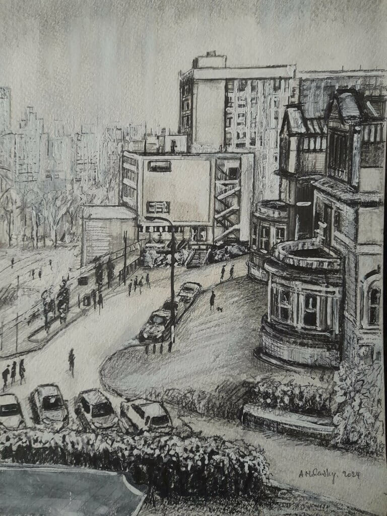 A drawing of a cityscape. Cars are parked on the road outside a large building.