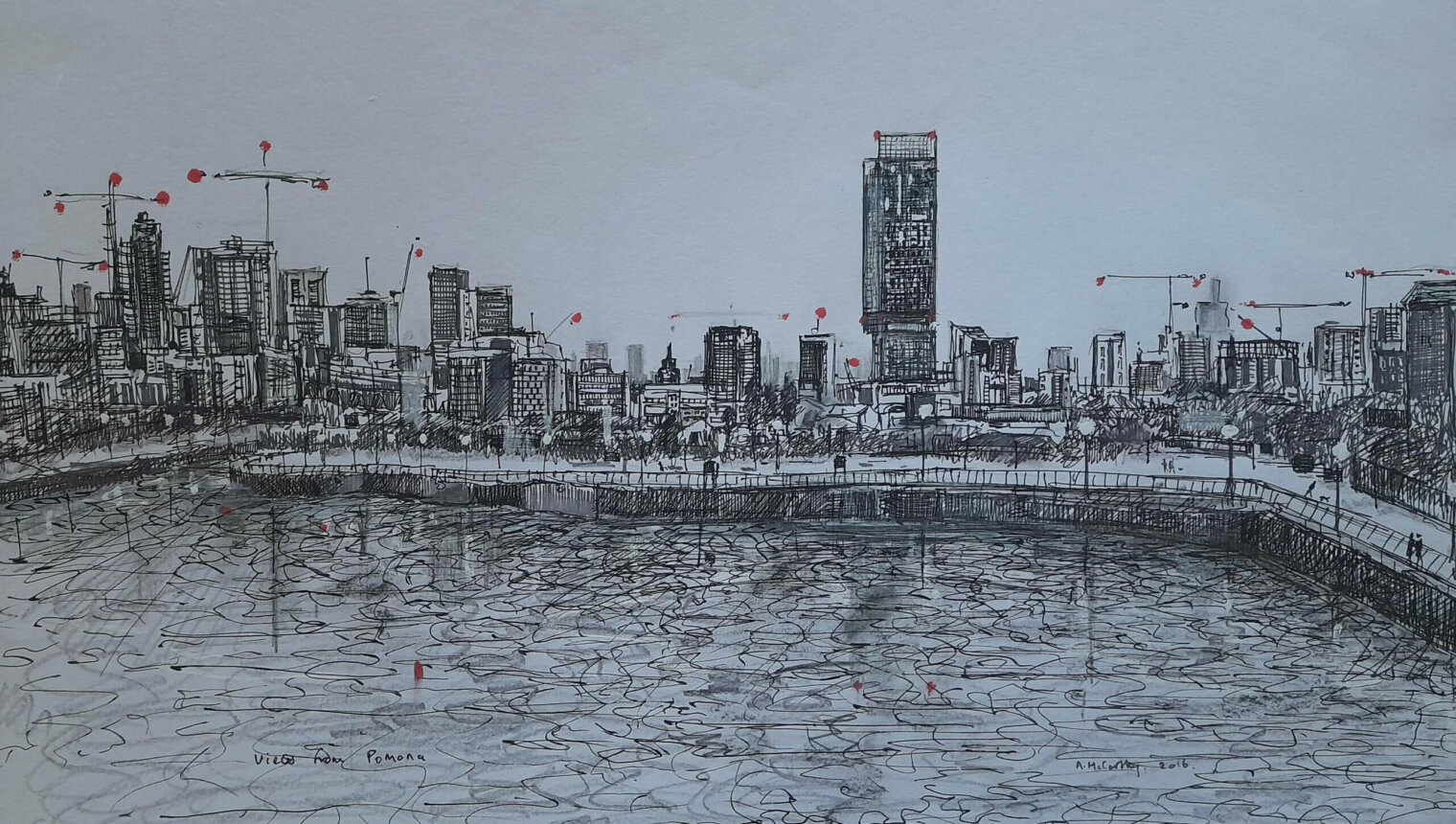 A drawing of an industrial landscape and a river.