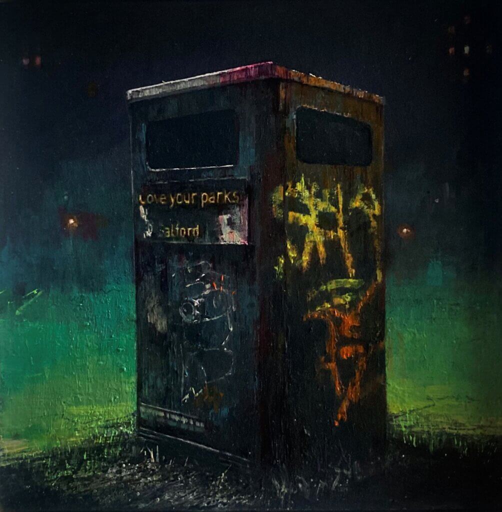 A painting of a black bin with graffiti on it and a sign that says 'love your parks Salford'. The background is dark and abstract, with patches of bright green.