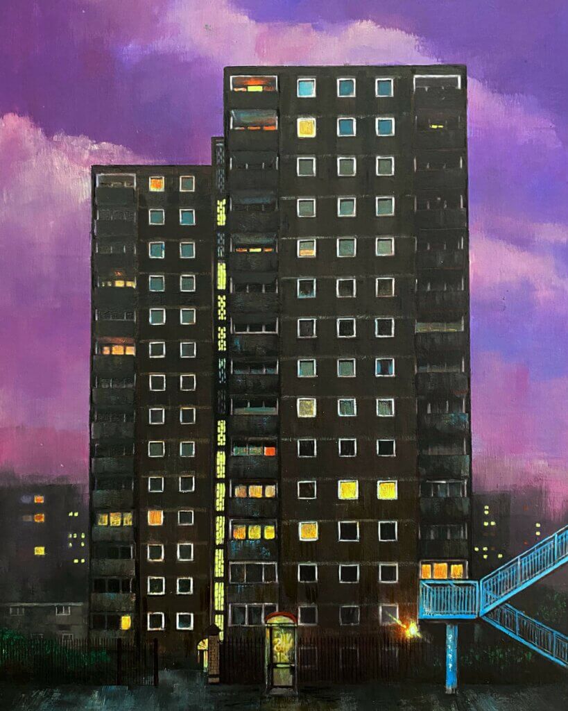 A painting of a skyscraper with lights shining out of a few windows. There is a blue staircase in the foreground.