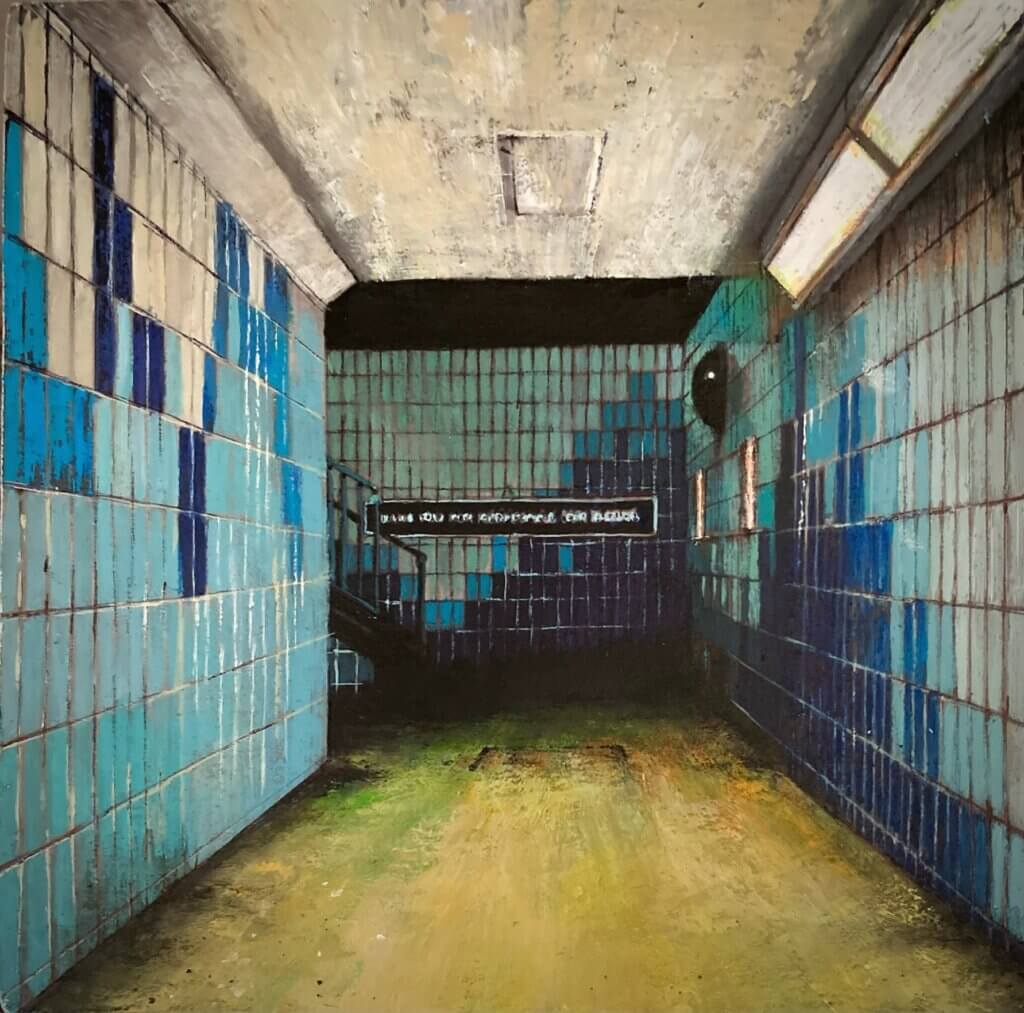 A painting of an underpass with blue and white tiles on the walls. There is a sign on the wall but the writing is too far away to be read.