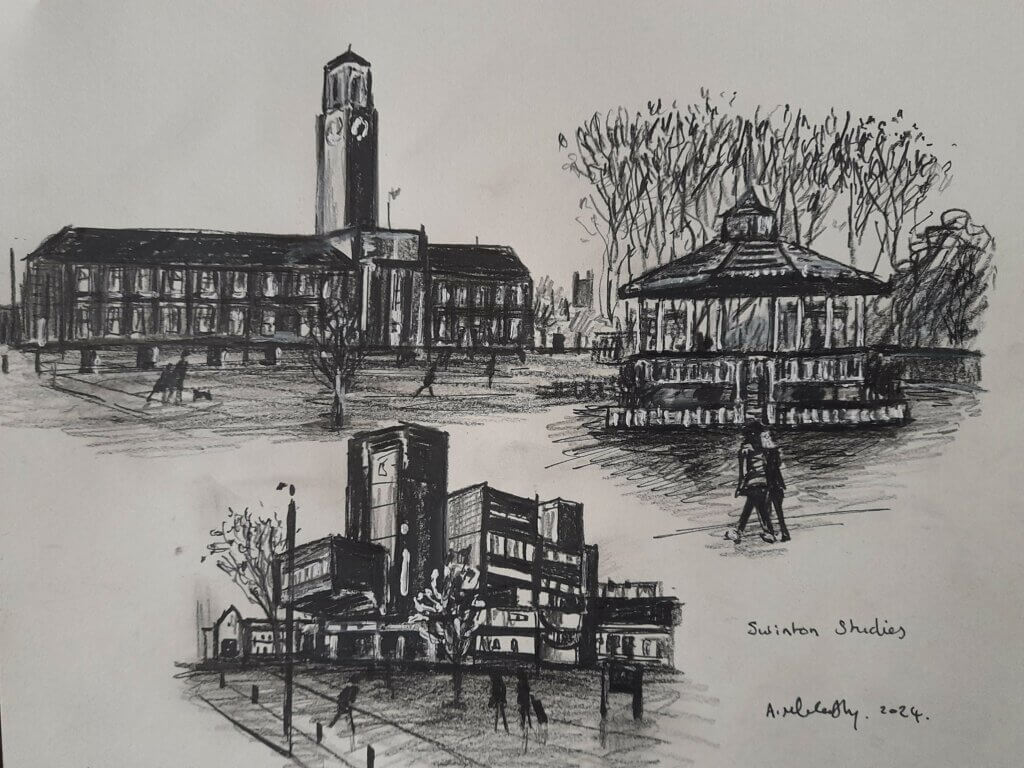 Three drawings of different buildings on one page. Top Left: a building with a clock tower. Top Right: a bandstand with two people walking in front of it. Bottom Middle: a shopping centre with people walking past it.