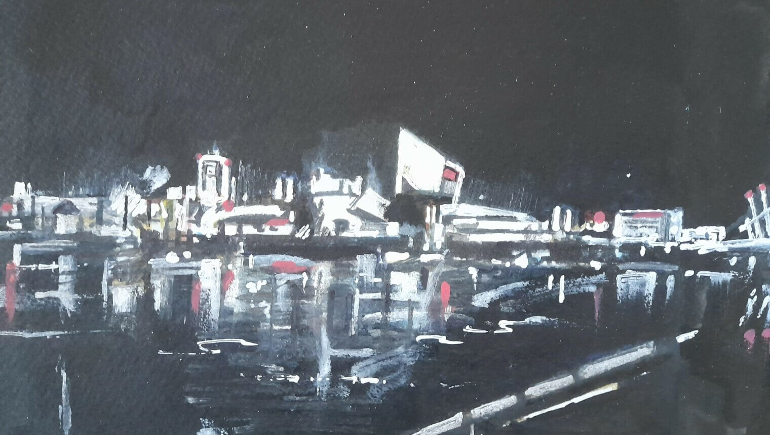 A painting of a cityscape at night. The lights are reflected in the river in front of them.