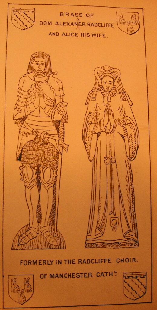 A printed brass template of a man and a woman in medieval clothes. The man us wearing armor and the woman is wearing a long flowing dress. Both people have their hands together in prayer. The caption says 'Brass of Dom Alexander Radclyffe and Alice his wife. Formerly in the Radclyffe choir of Manchester Cath'.