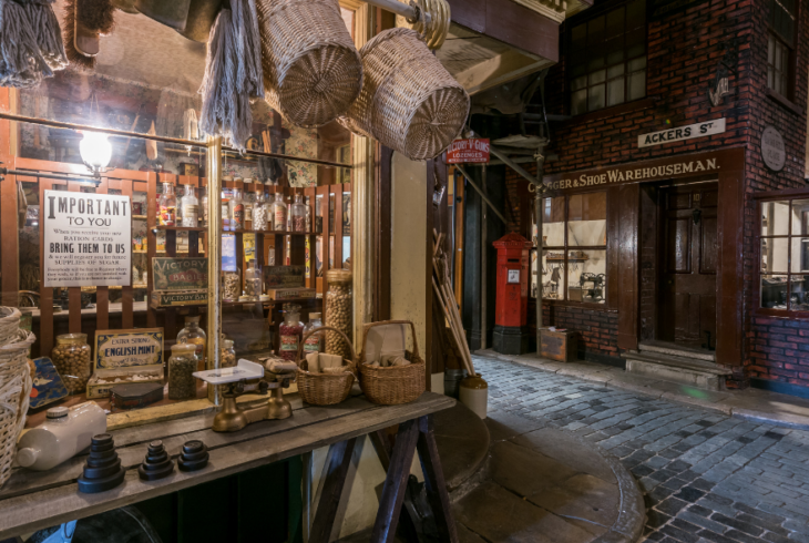 A Victorian Shop front at night.