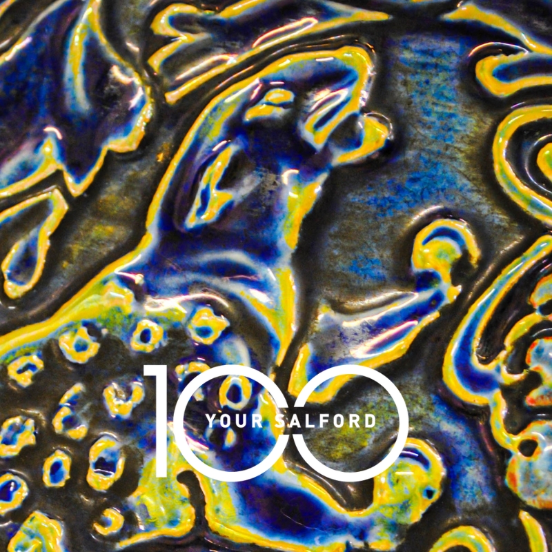 Pilkington's tile with Your Salford 100 logo